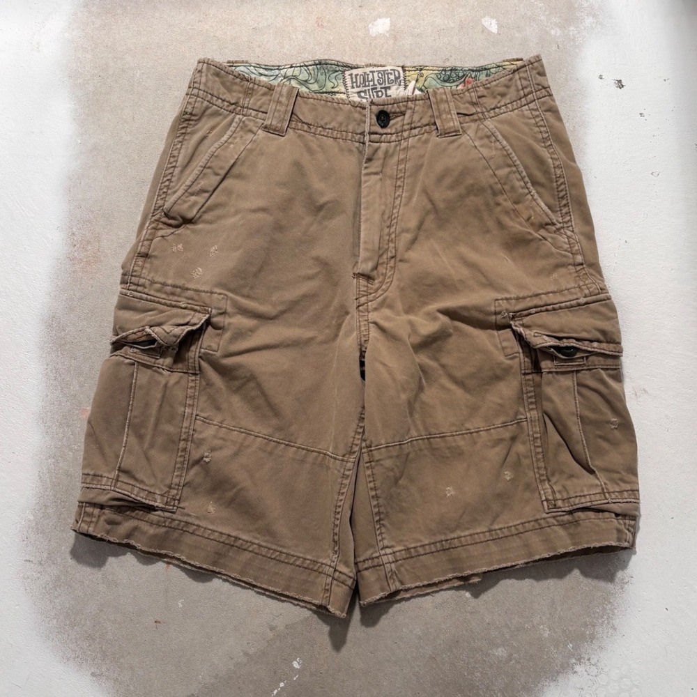 Hollister Surf Mens Khaki Cargo Shorts Brown Cotton Twill Frayed Hem Size 32